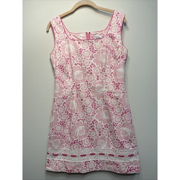 Lilly Pulitzer Pink Floral Eyelet Ribbon Trim Shift Dress Cotton Sz 4 - Picture 1 of 14